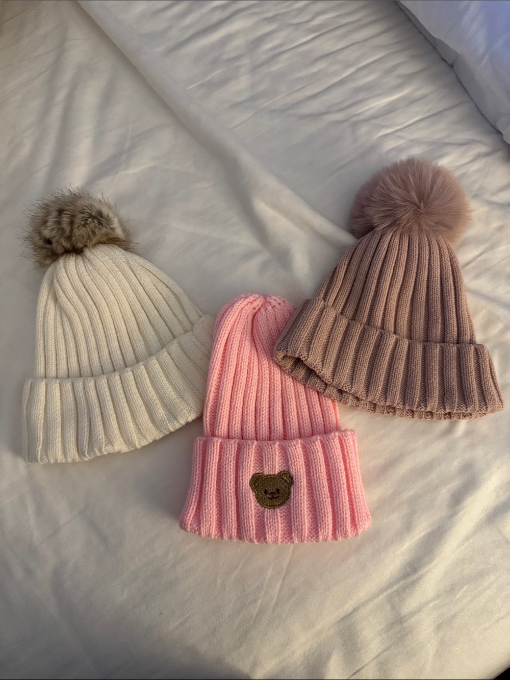 Kids Ribbed Pom Pom Beanie - White, Pink, Taupe